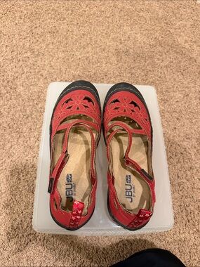 JBU Red Floral Cutout Mary Jane Flats with Black Trim